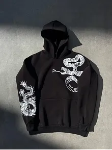 Kadın Oversize Kapüşonlu Cepli Baskılı 3 İplik Pamuklu Hoodie Sweatshirt - Siyah