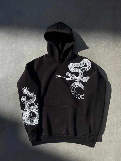 Erkek 3 İplik Pamuklu Kapüşonlu Baskılı Cepli Oversize Sweatshirt Hoodie - Siyah
