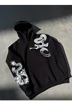 Erkek 3 İplik Pamuklu Kapüşonlu Baskılı Cepli Oversize Sweatshirt Hoodie - Siyah