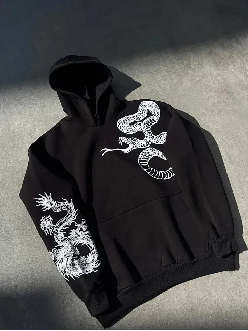 Erkek 3 İplik Pamuklu Kapüşonlu Baskılı Cepli Oversize Sweatshirt Hoodie - Siyah