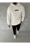 Erkek Kapüşonlu Kanguru Cepli Sweatshirt 3 İplik Pamuklu Baskılı Hoodie -  Beyaz