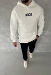Erkek Kapüşonlu Kanguru Cepli Sweatshirt 3 İplik Pamuklu Baskılı Hoodie -  Beyaz