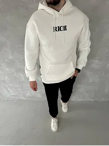 Erkek Kapüşonlu Kanguru Cepli Sweatshirt 3 İplik Pamuklu Baskılı Hoodie -  Beyaz