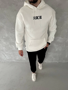 Erkek Kapüşonlu Kanguru Cepli Sweatshirt 3 İplik Pamuklu Baskılı Hoodie -  Beyaz