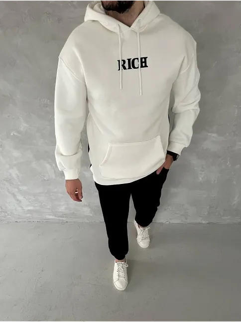Erkek Kapüşonlu Kanguru Cepli Sweatshirt 3 İplik Pamuklu Baskılı Hoodie -  Beyaz