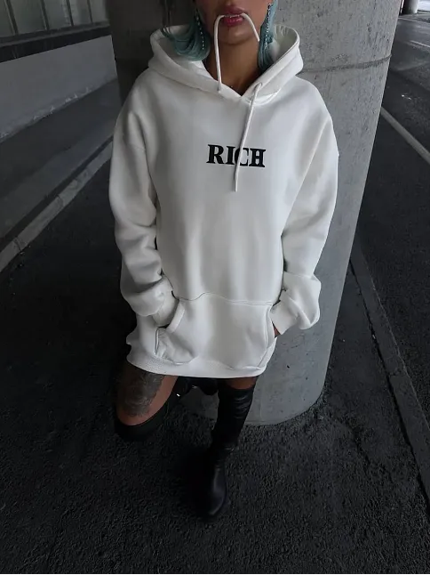 Kadın Kapüşonlu Kanguru Cepli Sweatshirt 3 İplik Pamuklu Baskılı Hoodie - Beyaz