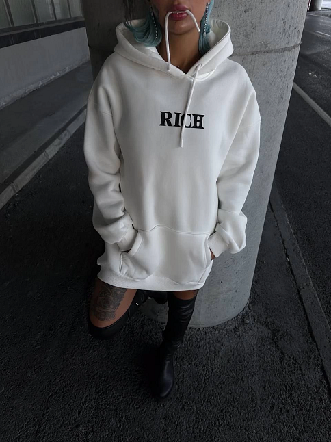Kadın Kapüşonlu Kanguru Cepli Sweatshirt 3 İplik Pamuklu Baskılı Hoodie - Beyaz