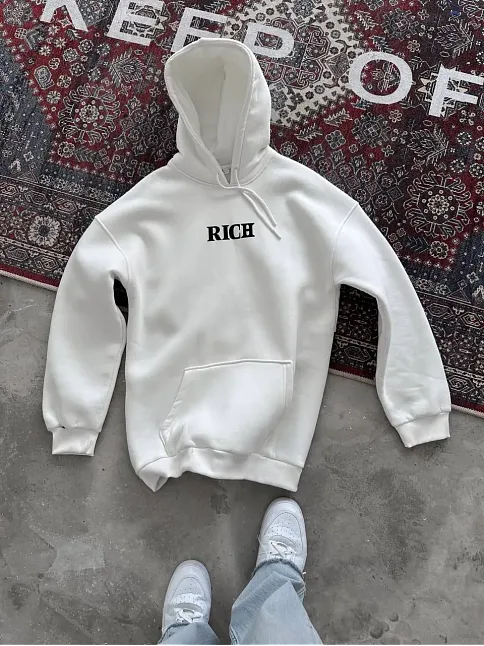 Kadın Kapüşonlu Kanguru Cepli Sweatshirt 3 İplik Pamuklu Baskılı Hoodie - Beyaz