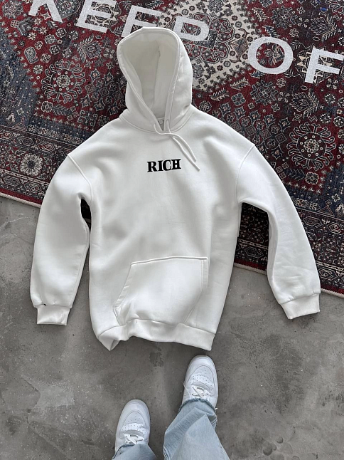 Kadın Kapüşonlu Kanguru Cepli Sweatshirt 3 İplik Pamuklu Baskılı Hoodie - Beyaz