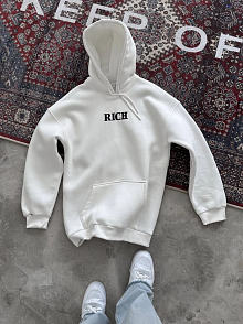 Erkek Kapüşonlu Kanguru Cepli Sweatshirt 3 İplik Pamuklu Baskılı Hoodie -  Beyaz