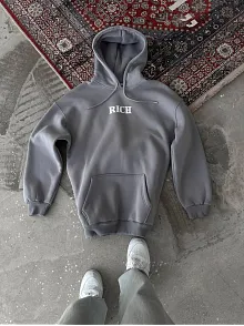 Kadın Kapüşonlu Kanguru Cepli Sweatshirt 3 İplik Pamuklu Baskılı Hoodie - Gri