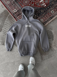 Erkek 3 İplik Pamuklu Kapüşonlu Kanguru Cepli Baskılı Oversize Hoodie Sweatshirt - Gri