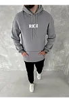 Erkek 3 İplik Pamuklu Kapüşonlu Kanguru Cepli Baskılı Oversize Hoodie Sweatshirt - Gri