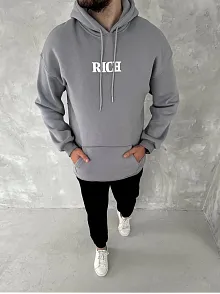 Erkek 3 İplik Pamuklu Kapüşonlu Kanguru Cepli Baskılı Oversize Hoodie Sweatshirt - Gri
