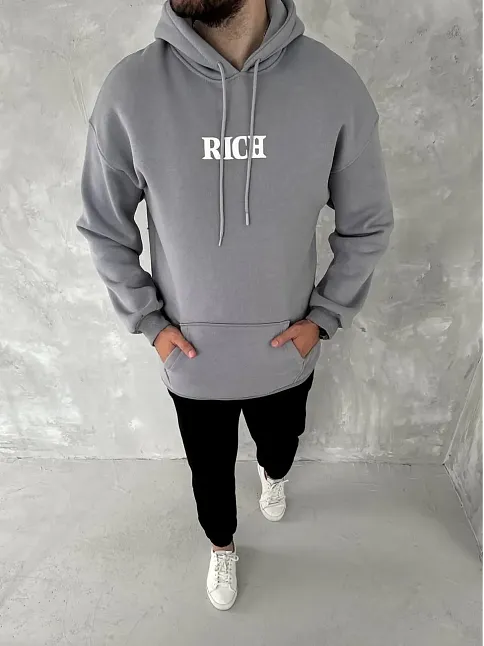 Erkek 3 İplik Pamuklu Kapüşonlu Kanguru Cepli Baskılı Oversize Hoodie Sweatshirt - Gri