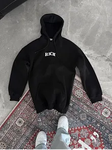 Erkek Kapüşonlu Kanguru Cepli Sweatshirt 3 İplik Pamuklu Baskılı Hoodie -  Siyah