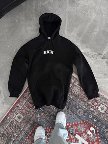 Erkek Kapüşonlu Kanguru Cepli Sweatshirt 3 İplik Pamuklu Baskılı Hoodie -  Siyah