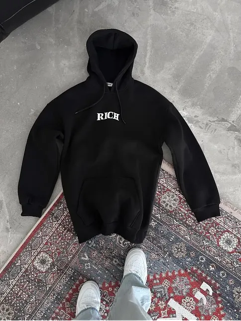 Erkek Kapüşonlu Kanguru Cepli Sweatshirt 3 İplik Pamuklu Baskılı Hoodie -  Siyah