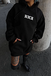 Kadın Kapüşonlu Kanguru Cepli Sweatshirt 3 İplik Pamuklu Baskılı Hoodie - Siyah