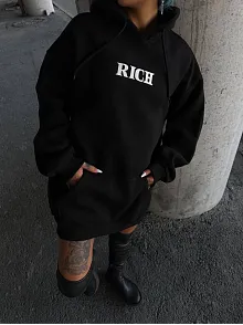 Kadın Kapüşonlu Kanguru Cepli Sweatshirt 3 İplik Pamuklu Baskılı Hoodie - Siyah