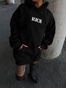 Kadın Kapüşonlu Kanguru Cepli Sweatshirt 3 İplik Pamuklu Baskılı Hoodie - Siyah