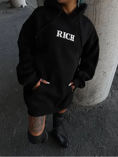 Kadın Kapüşonlu Kanguru Cepli Sweatshirt 3 İplik Pamuklu Baskılı Hoodie - Siyah