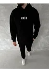 Erkek Kapüşonlu Kanguru Cepli Sweatshirt 3 İplik Pamuklu Baskılı Hoodie -  Siyah