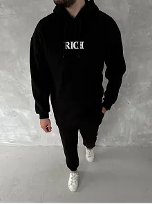 Erkek Kapüşonlu Kanguru Cepli Sweatshirt 3 İplik Pamuklu Baskılı Hoodie -  Siyah