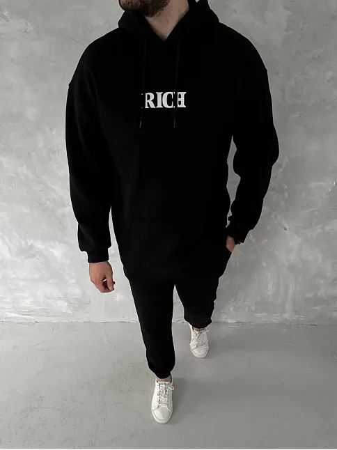 Erkek Kapüşonlu Kanguru Cepli Sweatshirt 3 İplik Pamuklu Baskılı Hoodie -  Siyah