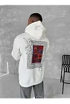 Erkek Kapüşonlu Kanguru Cepli Sweatshirt 3 İplik Pamuklu Baskılı Hoodie - Beyaz