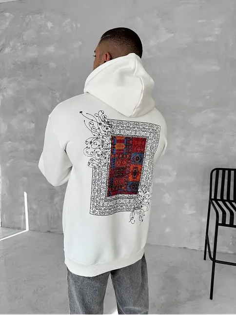 Erkek Kapüşonlu Kanguru Cepli Sweatshirt 3 İplik Pamuklu Baskılı Hoodie - Beyaz