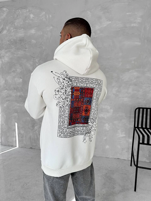Erkek Kapüşonlu Kanguru Cepli Sweatshirt 3 İplik Pamuklu Baskılı Hoodie - Beyaz