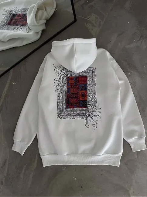 Erkek Kapüşonlu Kanguru Cepli Sweatshirt 3 İplik Pamuklu Baskılı Hoodie - Beyaz