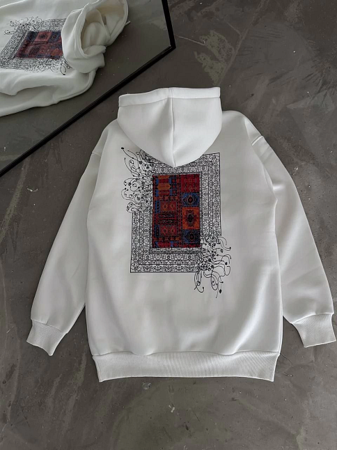 Erkek Kapüşonlu Kanguru Cepli Sweatshirt 3 İplik Pamuklu Baskılı Hoodie - Beyaz