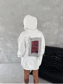 Kadın Kapüşonlu Kanguru Cepli Sweatshirt 3 İplik Pamuklu Baskılı Hoodie - Beyaz