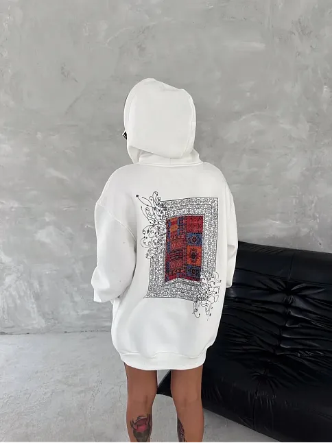 Kadın Kapüşonlu Kanguru Cepli Sweatshirt 3 İplik Pamuklu Baskılı Hoodie - Beyaz