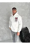 Erkek Kapüşonlu Kanguru Cepli Sweatshirt 3 İplik Pamuklu Baskılı Hoodie - Beyaz