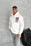 Erkek Kapüşonlu Kanguru Cepli Sweatshirt 3 İplik Pamuklu Baskılı Hoodie - Beyaz