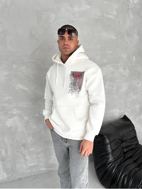 Erkek Kapüşonlu Kanguru Cepli Sweatshirt 3 İplik Pamuklu Baskılı Hoodie - Beyaz