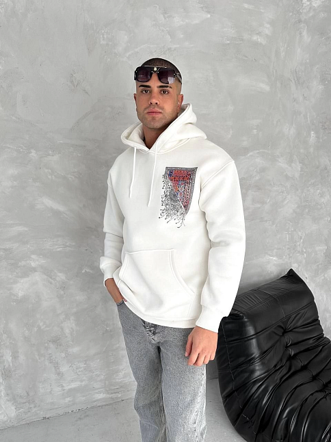 Erkek Kapüşonlu Kanguru Cepli Sweatshirt 3 İplik Pamuklu Baskılı Hoodie - Beyaz