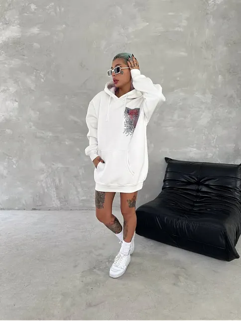 Kadın Kapüşonlu Kanguru Cepli Sweatshirt 3 İplik Pamuklu Baskılı Hoodie - Beyaz