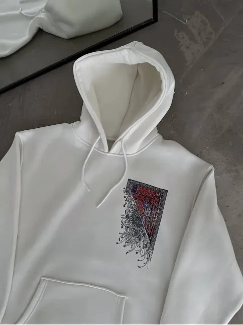 Erkek Kapüşonlu Kanguru Cepli Sweatshirt 3 İplik Pamuklu Baskılı Hoodie - Beyaz
