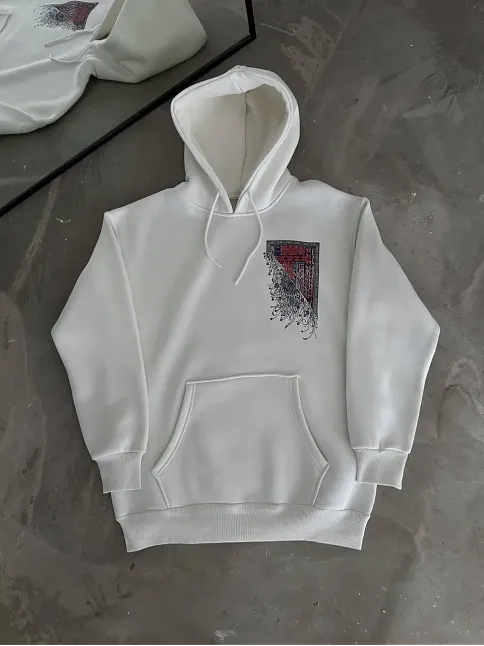 Erkek Kapüşonlu Kanguru Cepli Sweatshirt 3 İplik Pamuklu Baskılı Hoodie - Beyaz