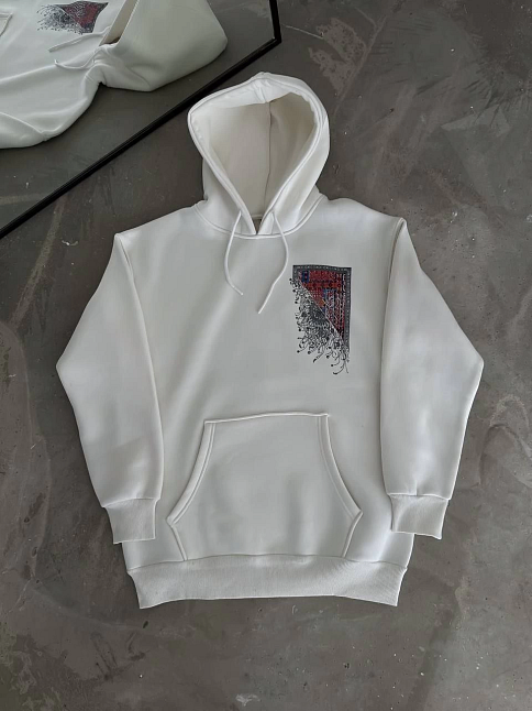 Erkek Kapüşonlu Kanguru Cepli Sweatshirt 3 İplik Pamuklu Baskılı Hoodie - Beyaz