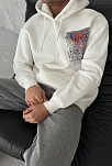 Erkek Kapüşonlu Kanguru Cepli Sweatshirt 3 İplik Pamuklu Baskılı Hoodie - Beyaz