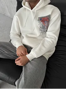 Erkek Kapüşonlu Kanguru Cepli Sweatshirt 3 İplik Pamuklu Baskılı Hoodie - Beyaz