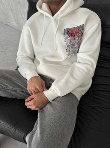 Erkek Kapüşonlu Kanguru Cepli Sweatshirt 3 İplik Pamuklu Baskılı Hoodie - Beyaz