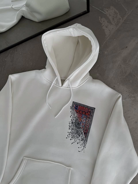 Kadın Kapüşonlu Kanguru Cepli Sweatshirt 3 İplik Pamuklu Baskılı Hoodie - Beyaz