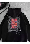 Kadın Kapüşonlu Kanguru Cepli Sweatshirt 3 İplik Pamuklu Baskılı Hoodie - Siyah