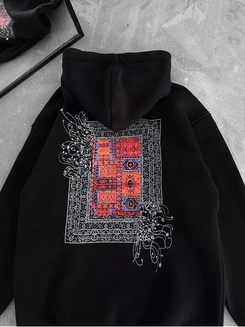 Kadın Kapüşonlu Kanguru Cepli Sweatshirt 3 İplik Pamuklu Baskılı Hoodie - Siyah